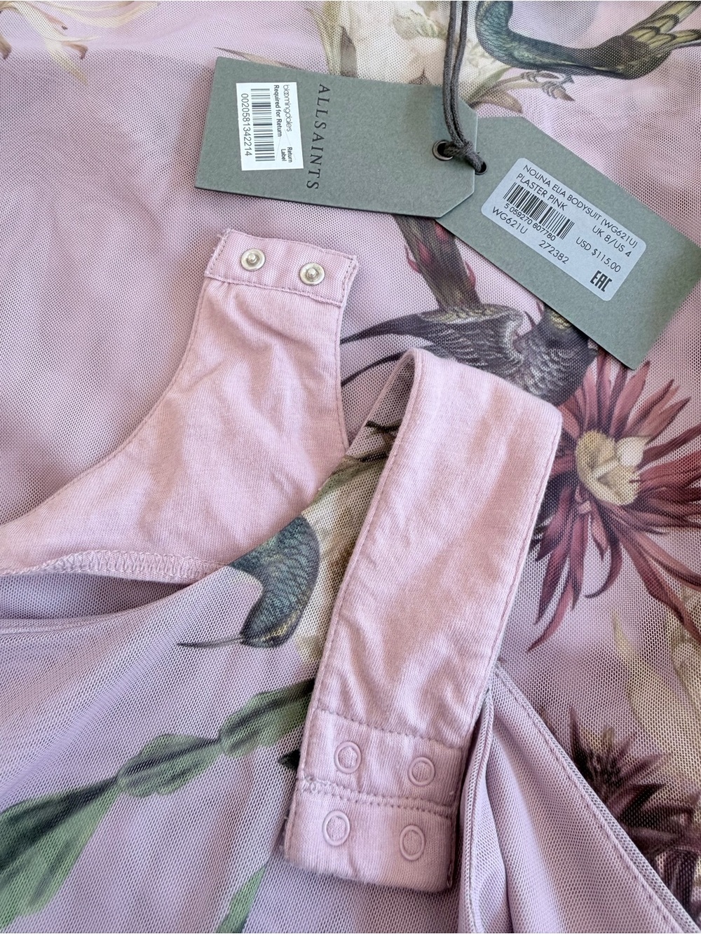 AllSaints Pink Sheer Floral & Bird Mock Neck Long Sleeve Bodysuit - Picture 13 of 14